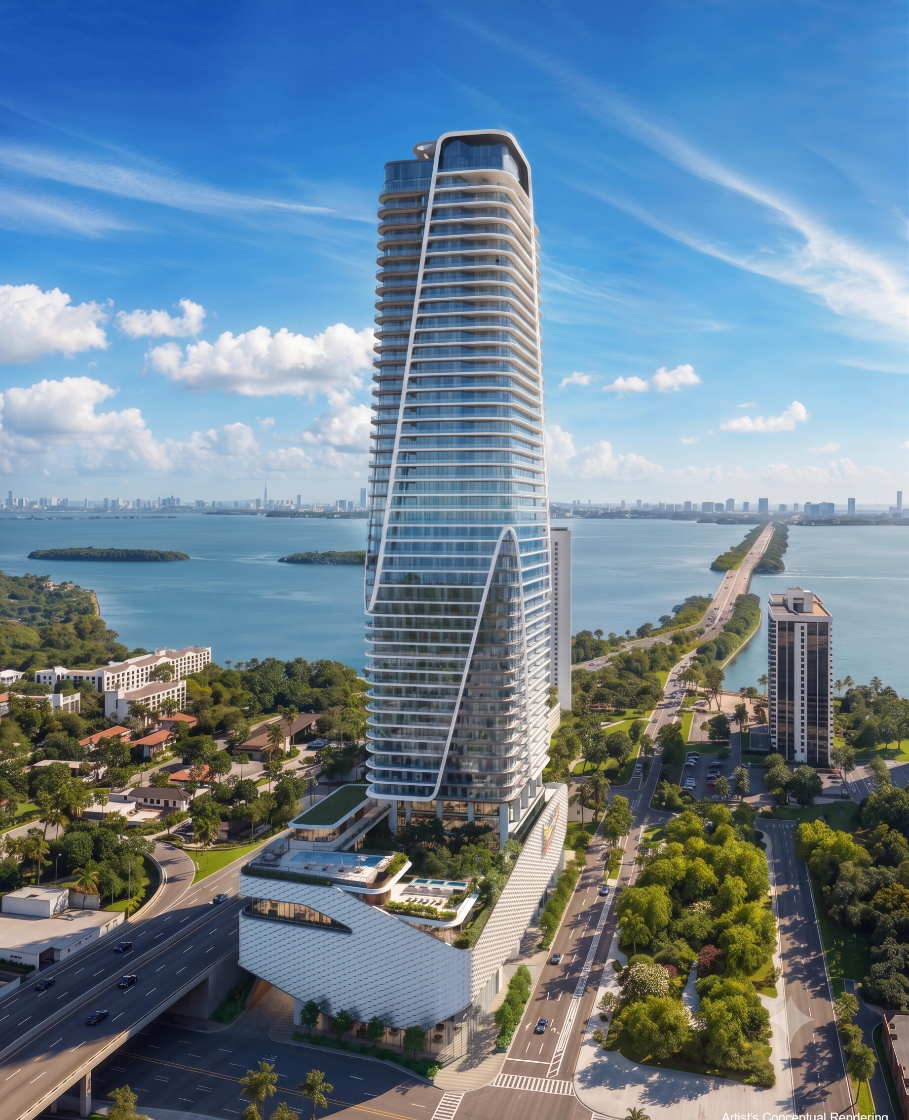 Exterior view of Seven Park Residences in Hallandale-Hollywood, a modern luxury residential building with elegant architectural design.